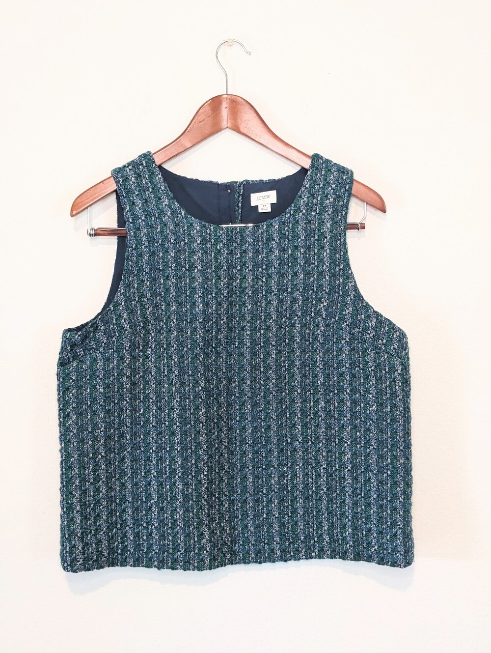 J.Crew Textured Tweed Sleeveless Top Green Blue Metallic Lined Shell Size M